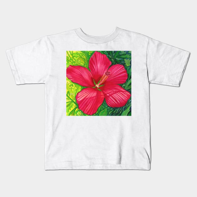 Red Hibiscus Kids T-Shirt by CozyPixelFluff